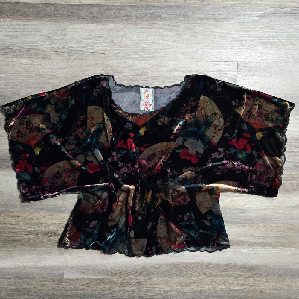Johnny Was Silk Blend Velvet Top - Floral Fan Print Scalloped Hem - Boxy XL 26x2